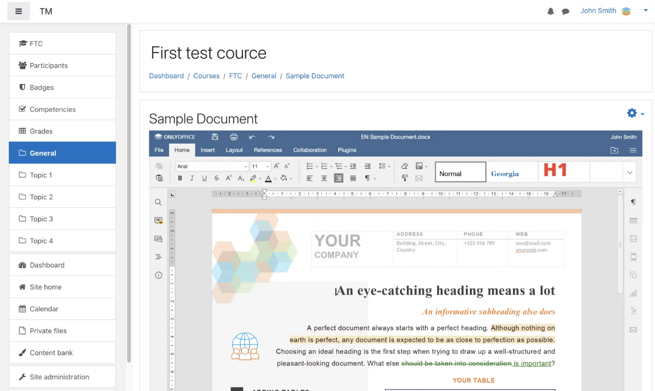 Screenshot of ONLYOFFICE Docs Enterprise Edition with Moodle Connector