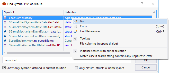 Find any symbol (Shift+Alt+S)In a dialog that supports similar filtering, find any symbol in your solution.