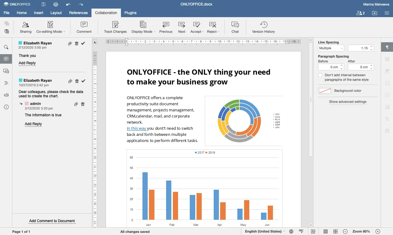 Screenshot of ONLYOFFICE Docs Enterprise Edition with Mattermost Connector