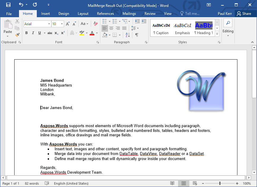 Mail MergeYou can create a letter for a list of clients defined in a database. This is similar to the mail merge function in Microsoft Word.