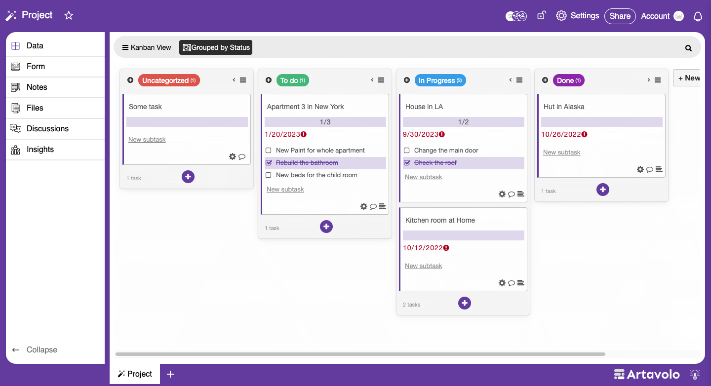 Artavolo Kanban ViewThis functionality aids in visualizing workflows, improving efficiency, and fostering better collaboration within the design.