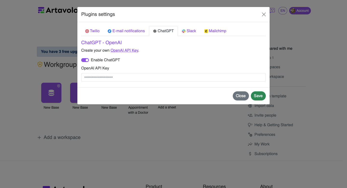 Artavolo IntegrationsIntegrations with AI(Chat GPT), Twilio, Slack, Mailchimp.