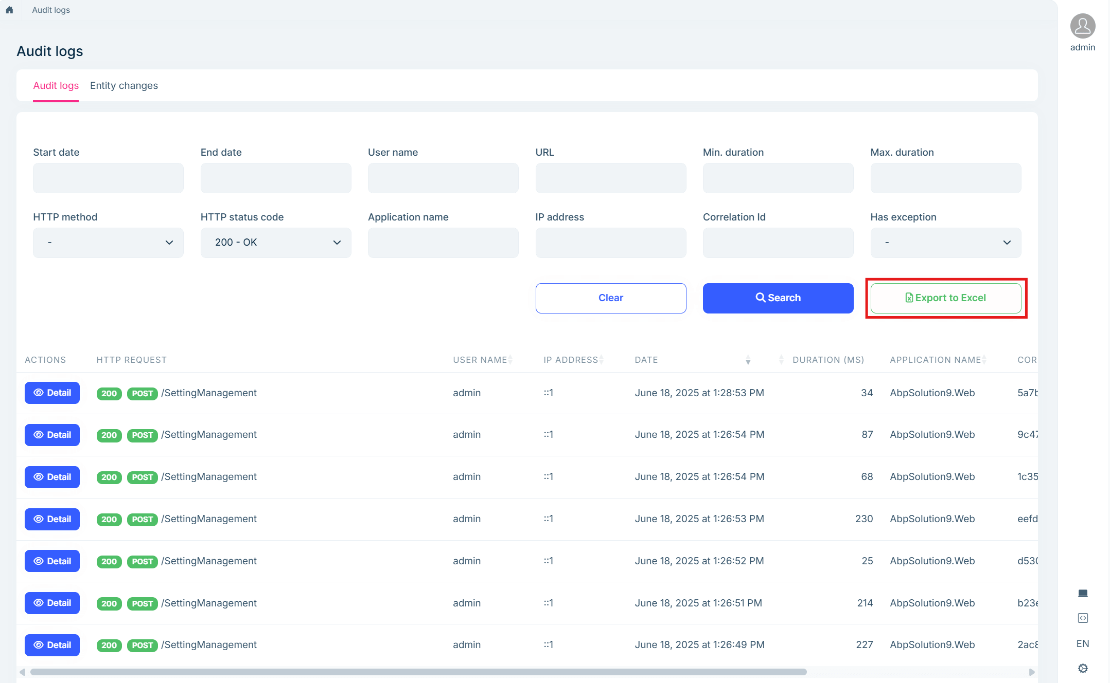 Audit Logging Module: Excel ExportExcel export capabilities in the Audit Logging Module allow administrators to export audit logs and entity changes to Excel fi