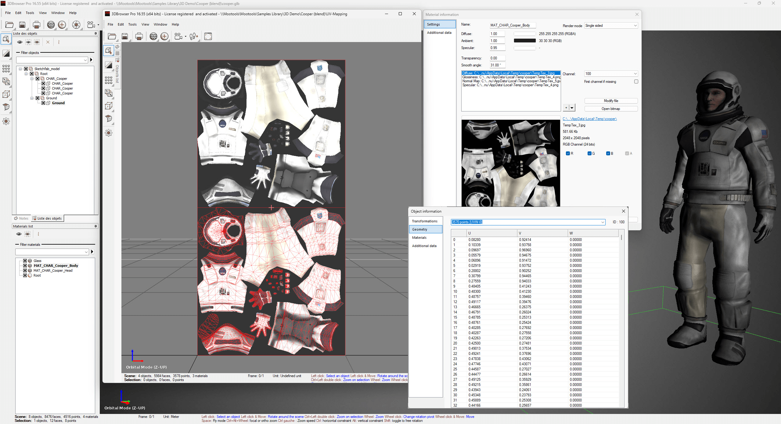 3D Data Information Get all the 3D data information at your fingertips, access lists of points, faces, normals, materials and textures or UVs texture mapping in