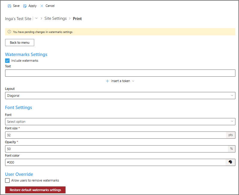 Watermarks SettingsUse this settings page to configure watermarks for the generated PDF.