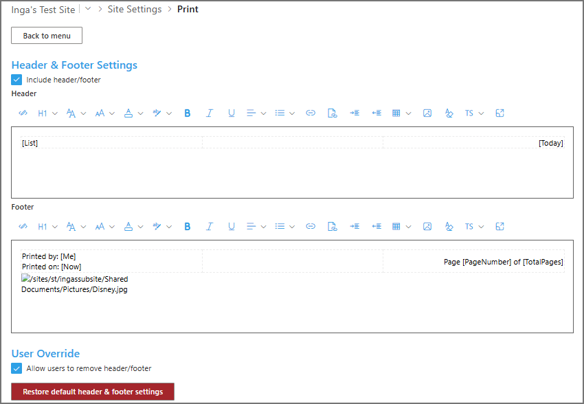 Header/ Footer SettingsUse this settings page to configure the header and footer for the generated PDF.