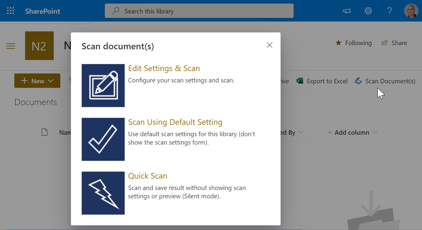 Scan DocumentsEasily scan documents directly into a SharePoint library or attach them to list items without leaving your SharePoint site, using the integrated s