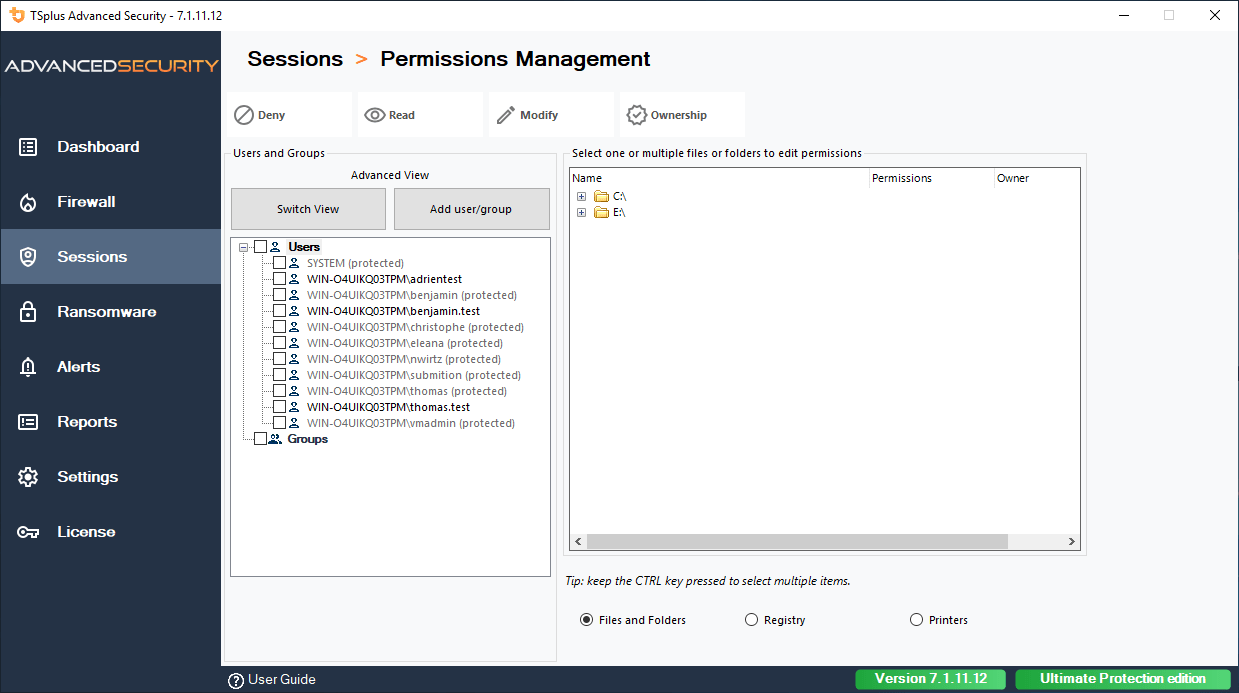 Side-by-side Permission DashboardEasily inspect and edit permissions of users, groups, files, folders and printers in a dashboard listing those elements side-by