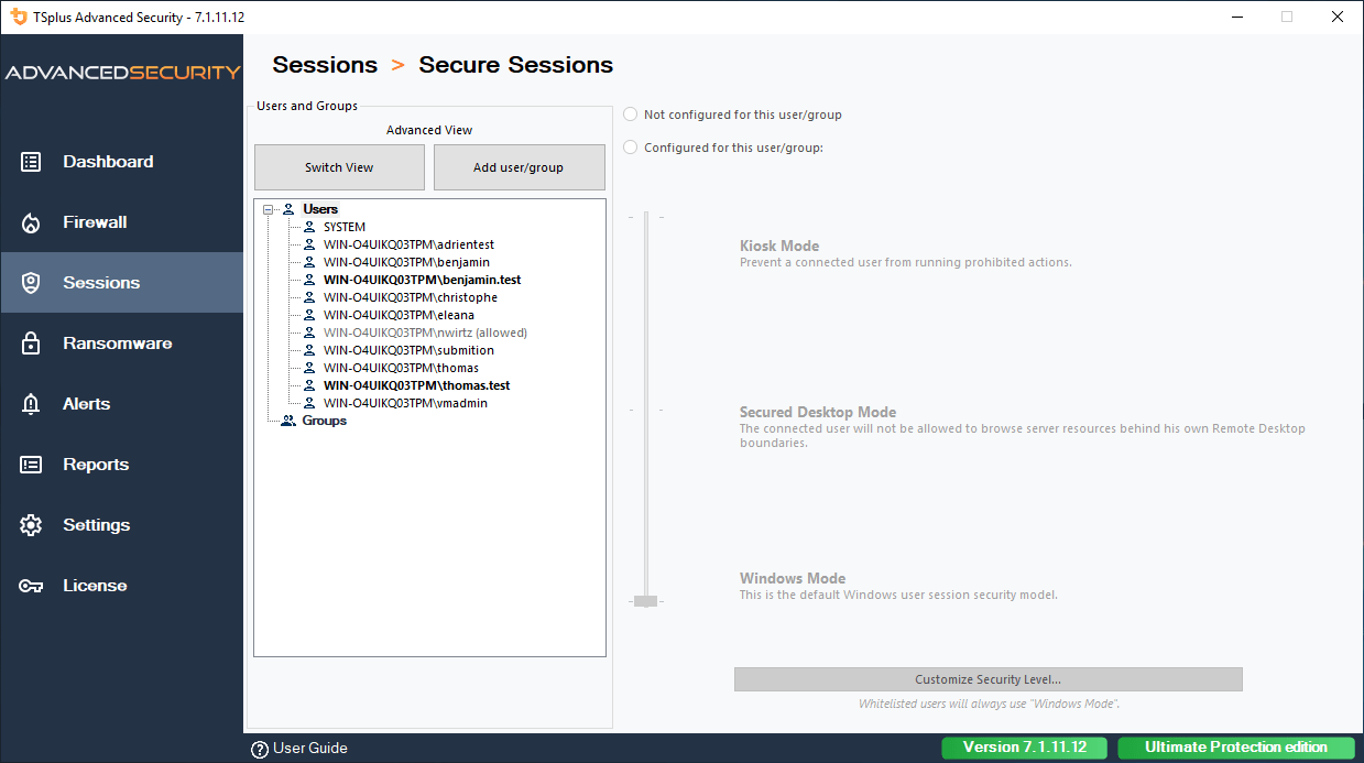 Secure SessionsConfigure the security level for each user or group.