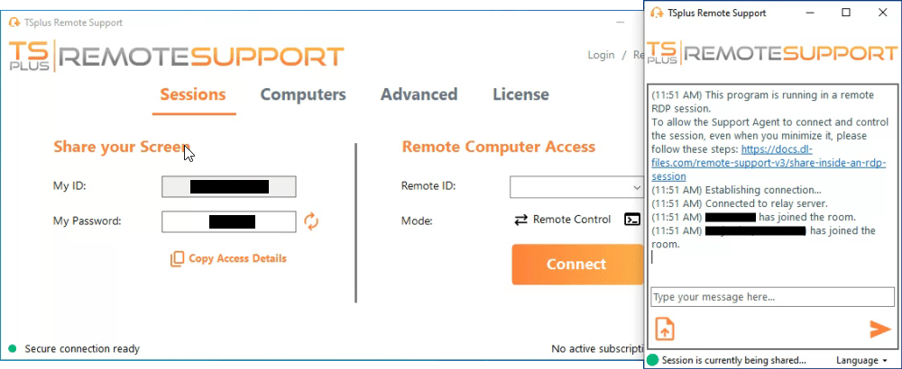 Screenshot of TSplus Remote Support