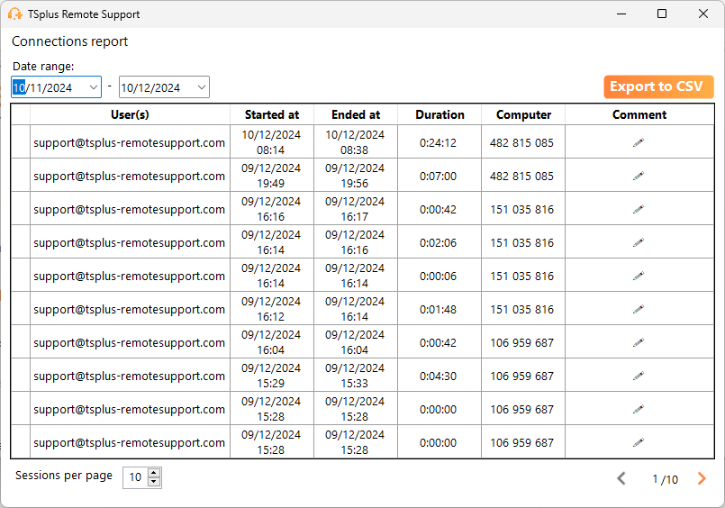 Full ReportSee a list of all your sessions and details about each of them.