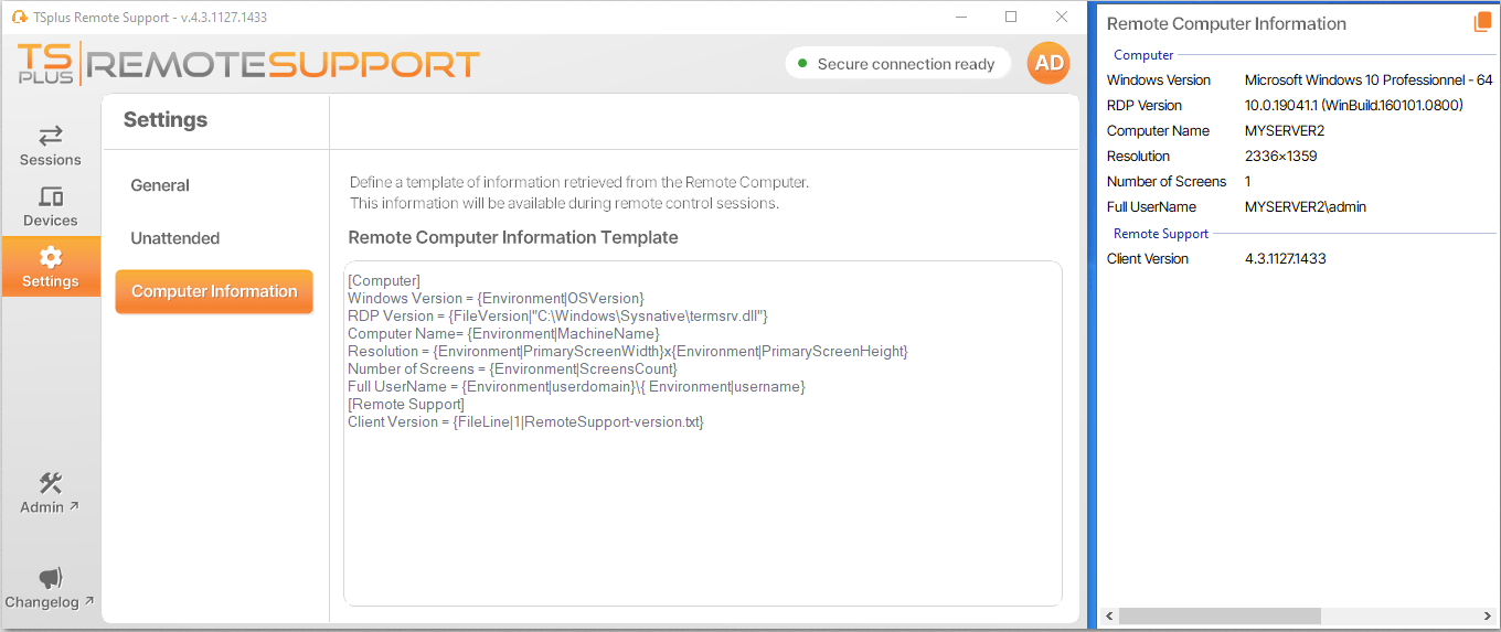 Define Computer InformationThe Computer Information section provides a customizable template for TSplus Remote Support to gather critical Hardware, OS and Softw