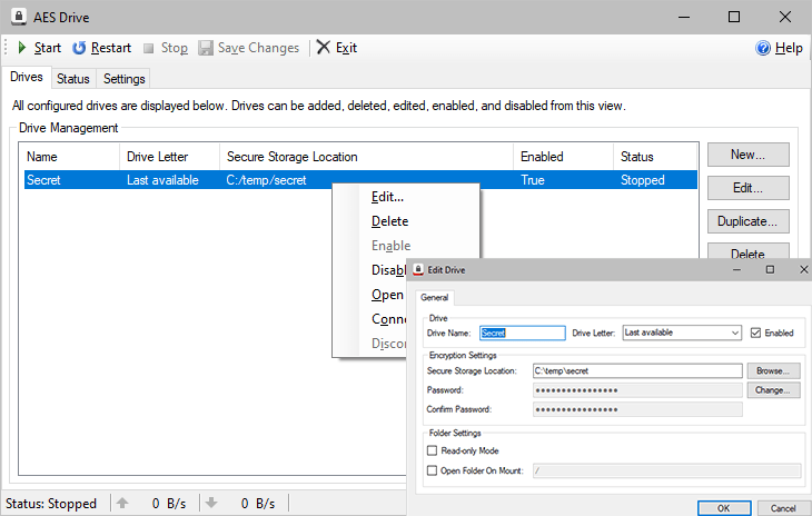 Screenshot of Callback Technologies AES Drive