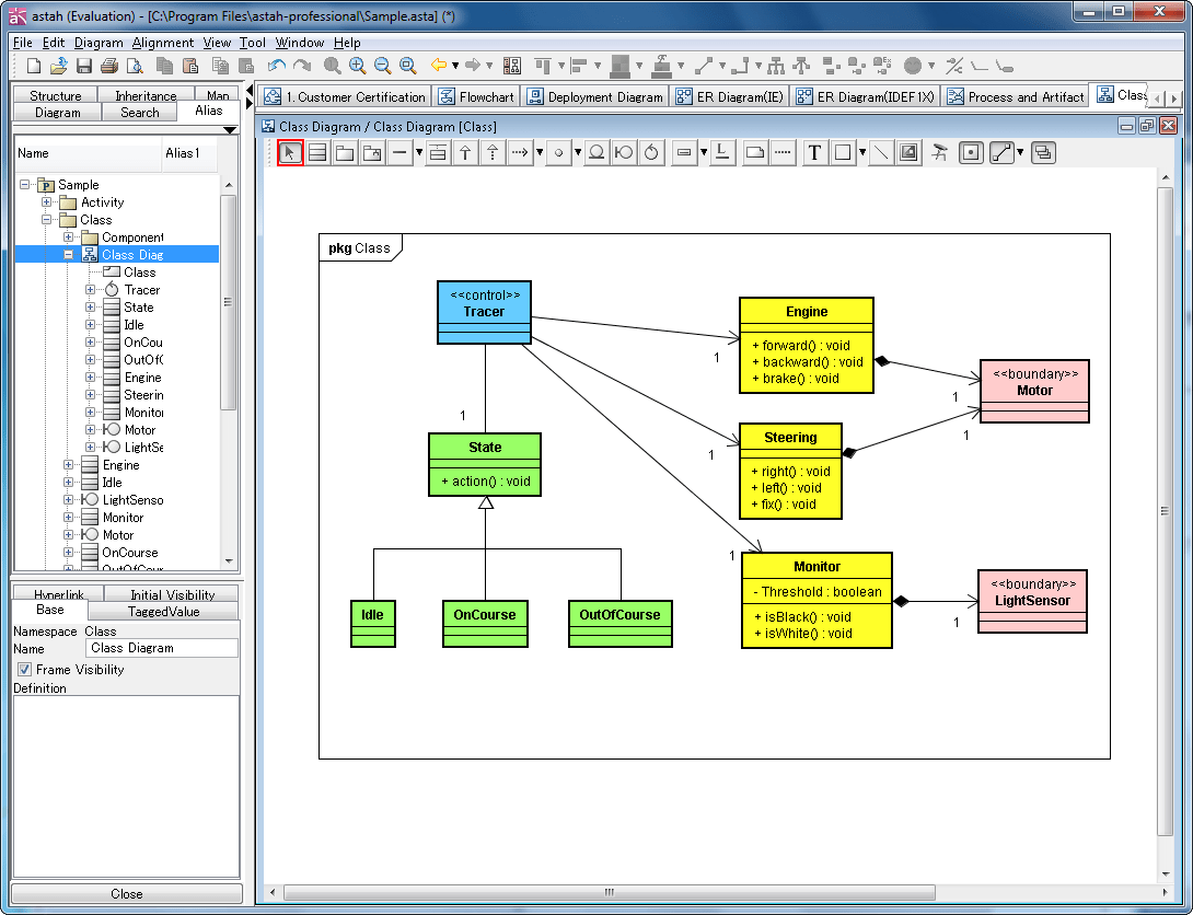 UML 2.1astah supports all of UML1.4 features and UML 2.1 features partially. Class (Object/ Package/ Robustness), UseCase, Sequence, Communication, Statemachine
