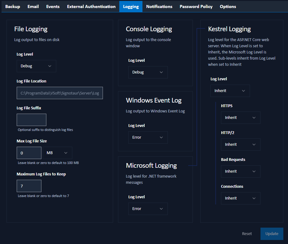 Logging SettingsThe Logging Settings tab enables administrators to configure how Signotaur logs information to various outputs including files, console and Wind