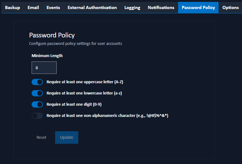 Password Policy SettingsThe Password Policy tab enables administrators to configure password policy requirements for user accounts.