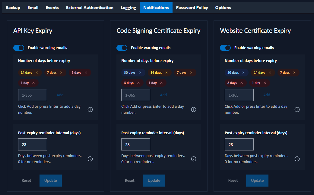 Notification SettingsThe Notifications tab allows administrators to configure email notifications for expiration warnings. Three types of items can be monitored