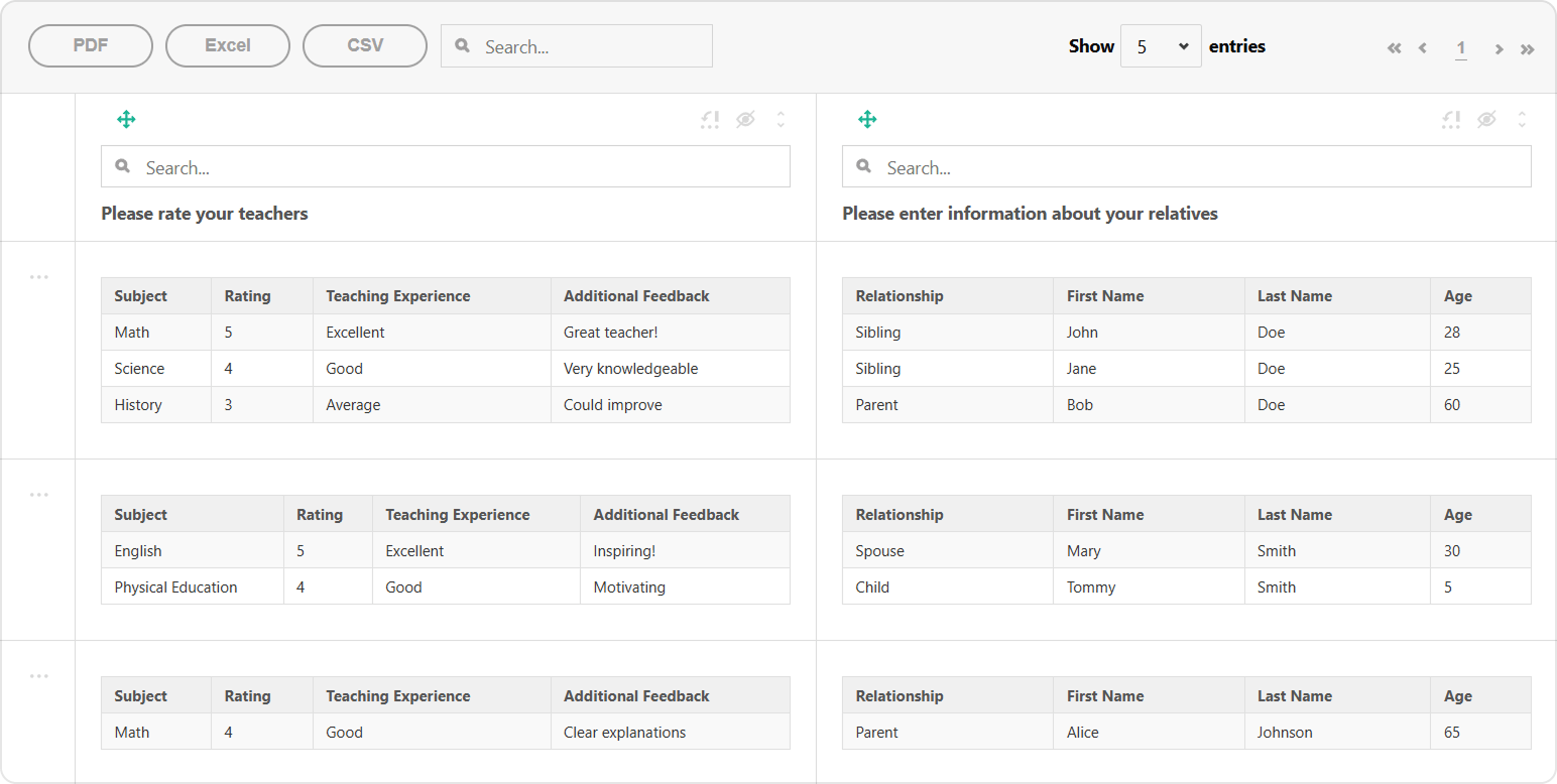 Table View: Nested Tables SupportTable View supports nested tables for visualizing responses to questions that produce hierarchical data structures, such as Dyn
