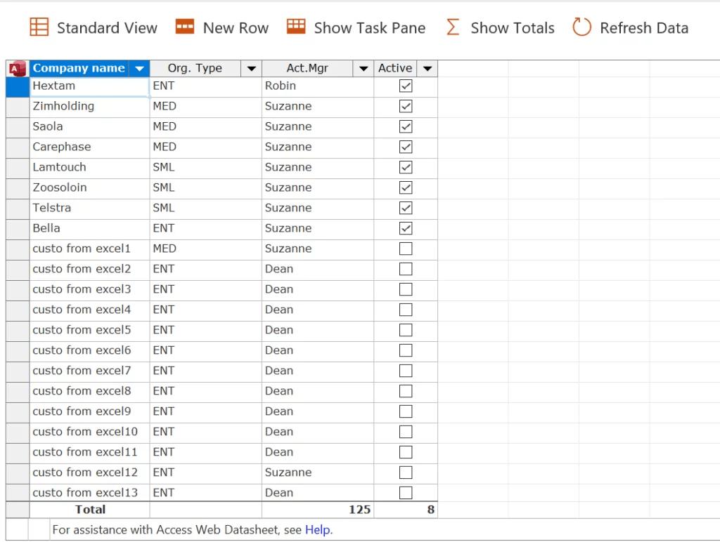 Screenshot of KWIZ Datasheet View