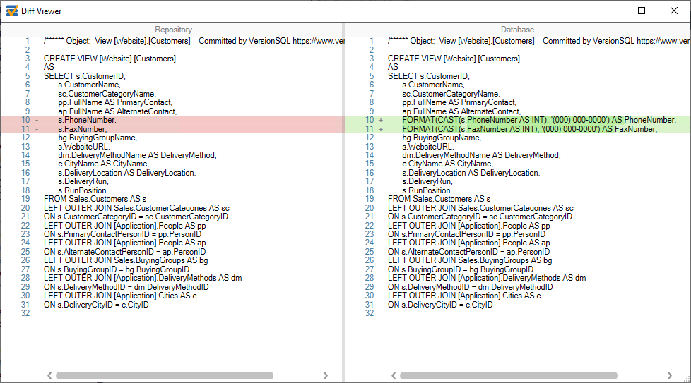 Internal Diff ViewerVersionSQL includes a built-in diff viewer. This makes it easy to see the changes you’ve made to your database, right from within SSMS.