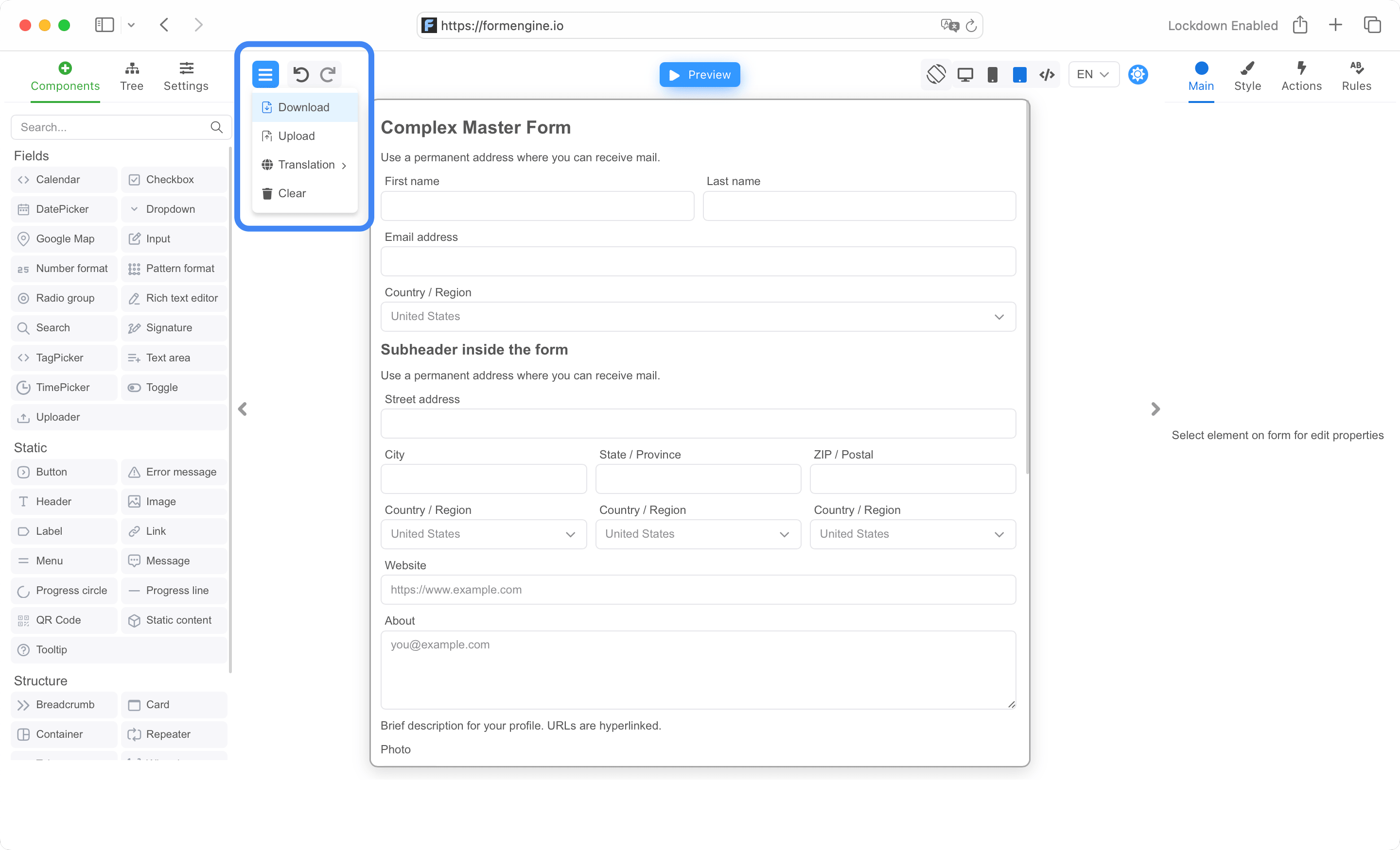 Easily download or upload form JSON configurations.