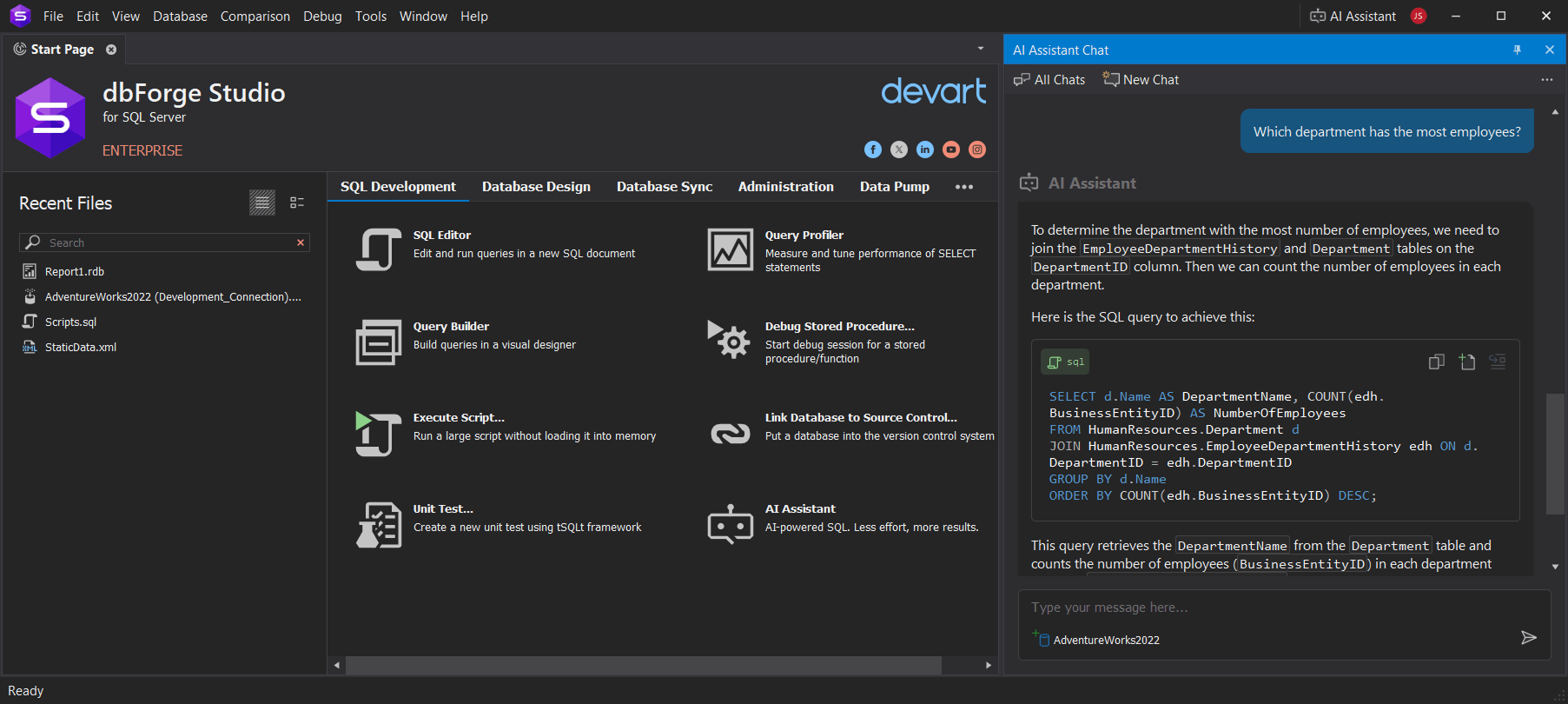 Screenshot of dbForge AI Assistant
