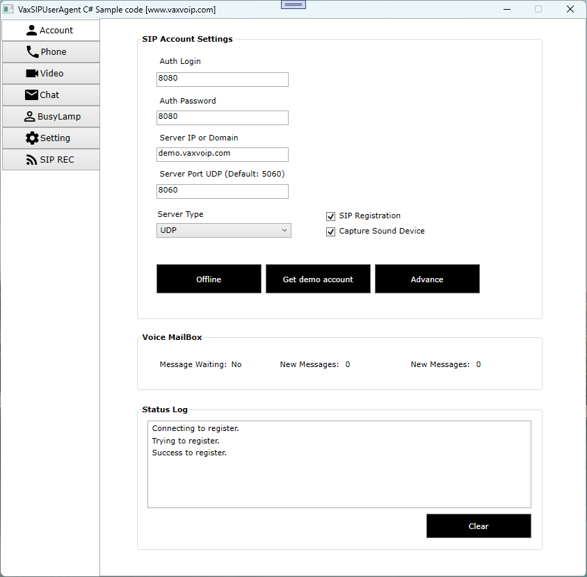 VaxVoIP MS Windows SIP Phone SDK Screenshot