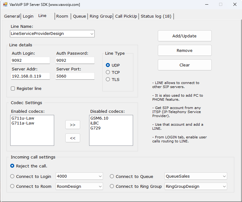 Screenshot of VaxVoIP SIP Server SDK
