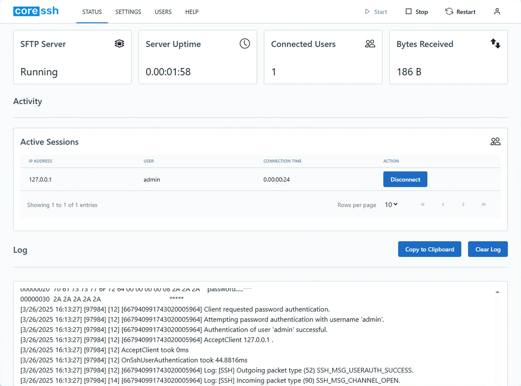 Screenshot of CoreSSH Server