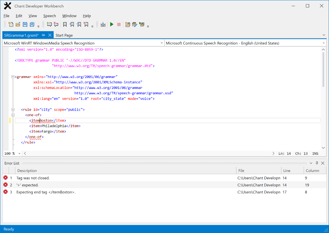 Syntax Error DebuggingAutomatic syntax checking displays visual cues and syntax error messages in the Error window. Click on the error to take you to the locati