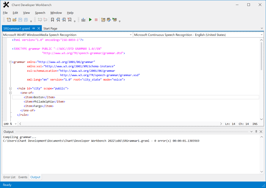 Grammar Compiling and TestingCompile and test grammars with a click of a button. Review compiler messages in the output window. Speak into a microphone to test