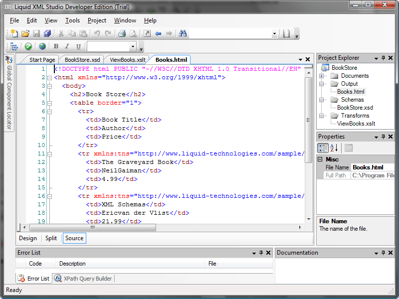 Generate HTML Docs From XSDSeamless integration of Liquid XML Studio within Microsoft Visual Studio is provided. Integrated features include Graphical XML Schem