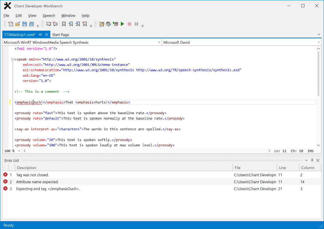 SSML Error DebuggingAutomatic syntax checking displays visual cues and syntax error messages in the Error window. Click on the error to take you to the location