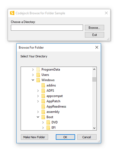 Browse for Folder DialogThe ‘Browse for Folder Dialog’ conveniently wraps the ‘BrowseForFolder’ API which allows you to display the browse dialog with a single