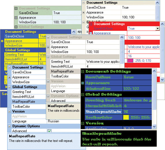 Customizable AppearanceAllows you customize the appearance of the property grid by setting your own colors and fonts for the control. Combined with the ability