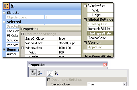 Integrated ToolbarProperty Grid comes with its own toolbar built in for sorting data which can easily be turned on or off. Additionally, you can define your own