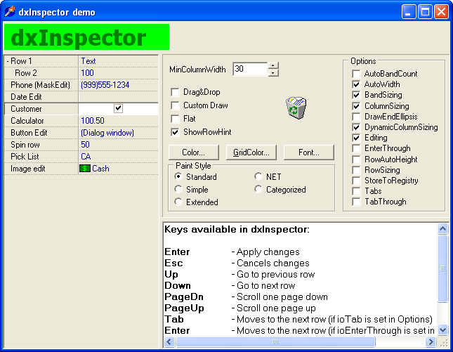 InspectorTCustomdxInspectorControl is the base class for the ExpressInspector and ExpressDBInspector controls. It contains the base properties and methods publi