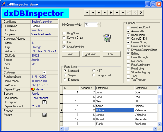 DB InspectorPlace a TdxDBInspector object onto a form to display and edit records from a database table or query. At runtime, users can use the database navigat