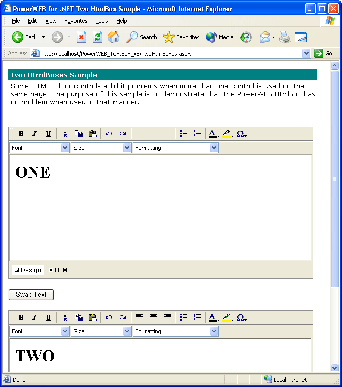 Two HtmlBoxesDemonstrates the special considerations that need to be taken when using more than one HtmlBox component on the same page.