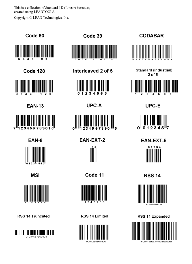 1D BarcodesA list of supported 1D barcodes generated using the LEADTOOLS SDK.