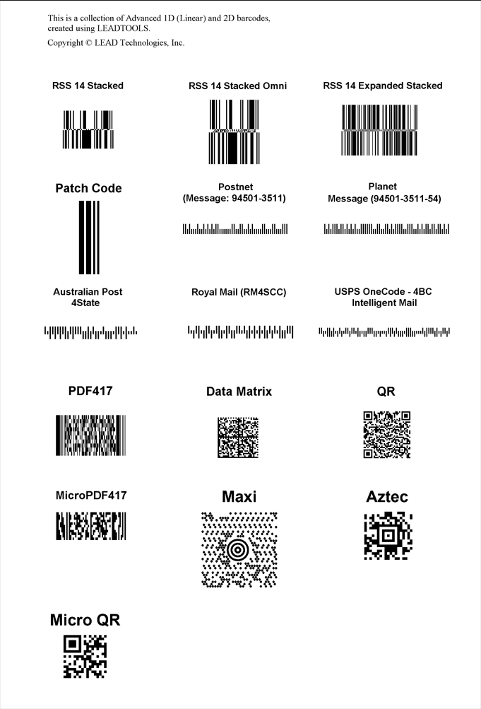 2D BarcodesA list of supported complex/2D barcodes generated using the LEADTOOLS SDK.