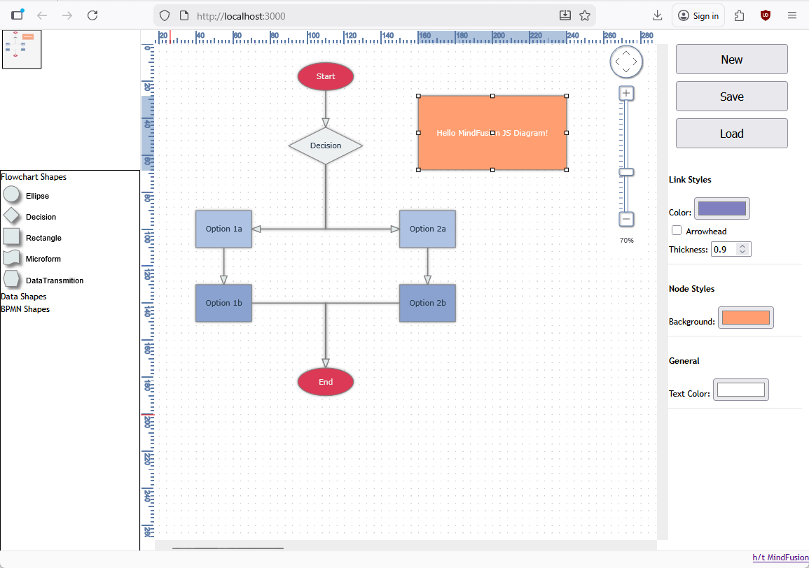 Building Interactive JavaScript DiagramsAllows the user to create various flowchart shapes with drag and drop, customize their color and edit text.