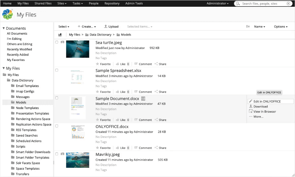 Screenshot of ONLYOFFICE Docs Enterprise Edition with Alfresco Connector