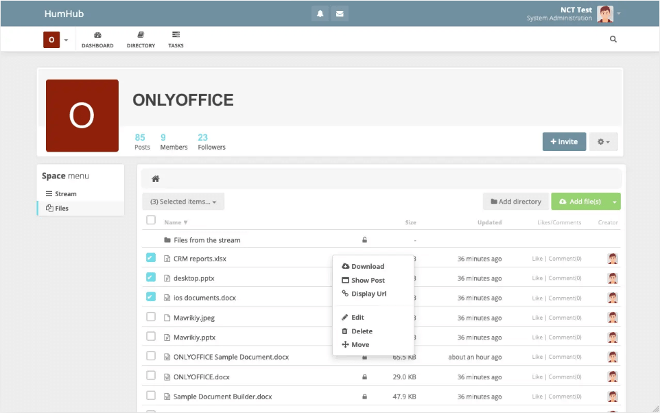 Screenshot of ONLYOFFICE Docs Enterprise Edition with HumHub Connector