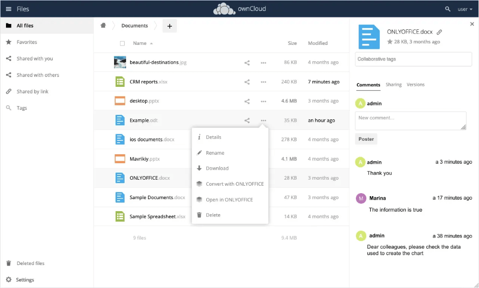 Screenshot of ONLYOFFICE Docs Enterprise Edition with ownCloud Connector