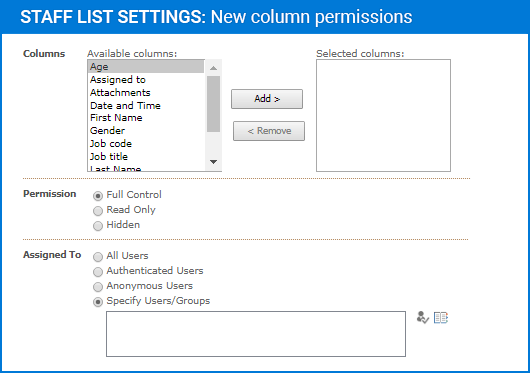 Screenshot of Column Permissions