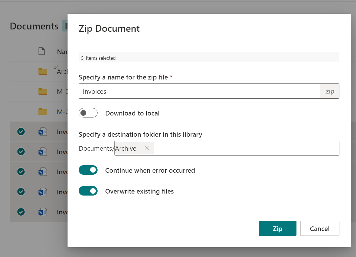 Screenshot of Bulk Zip and Unzip App for SharePoint Online