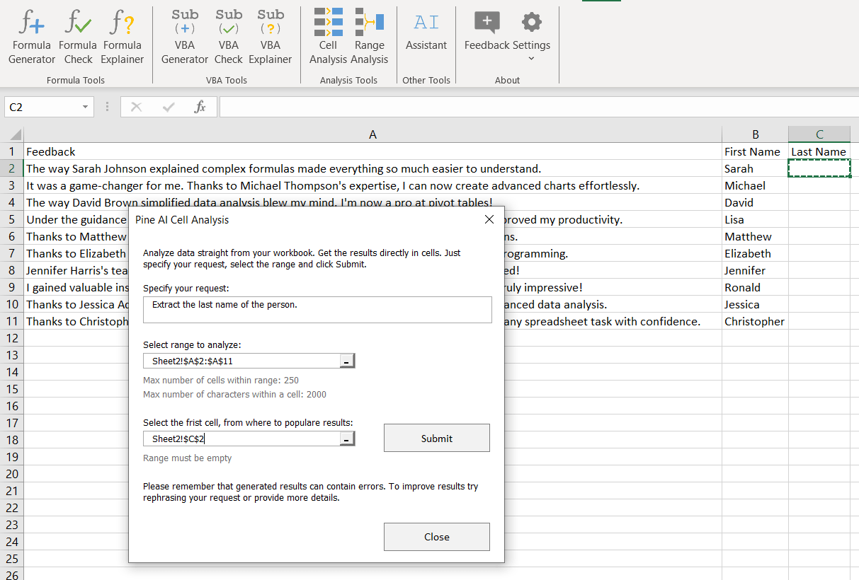 Screenshot of Pine AI Excel Add-In