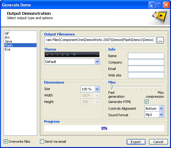 OutputExport your Demos to Adobe Flash, Microsoft AVI, Animated GIF(for short clips, especially useful in Help files or bug reporting),Self-running EXE (no play