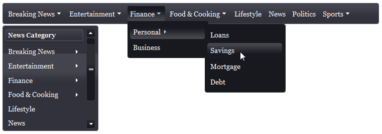 Menu for ASP.NET Web FormsCreate multi-level menus with animation effects, image and check box items, interactive item scrolling, and more with Menu for ASP.NET